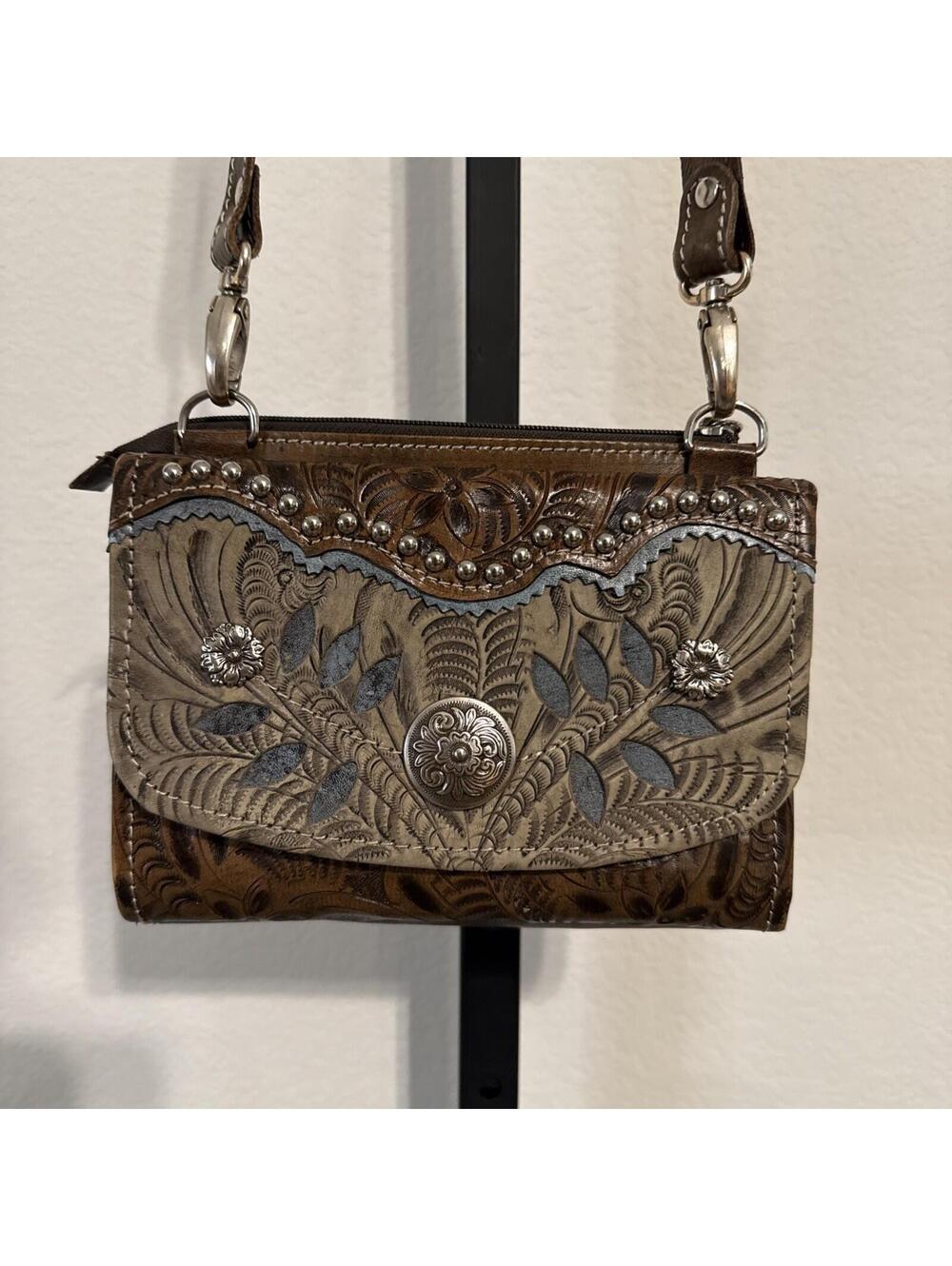 American West Handcrafted Leather Crossbody Bag/Wallet w/ Metal Accents